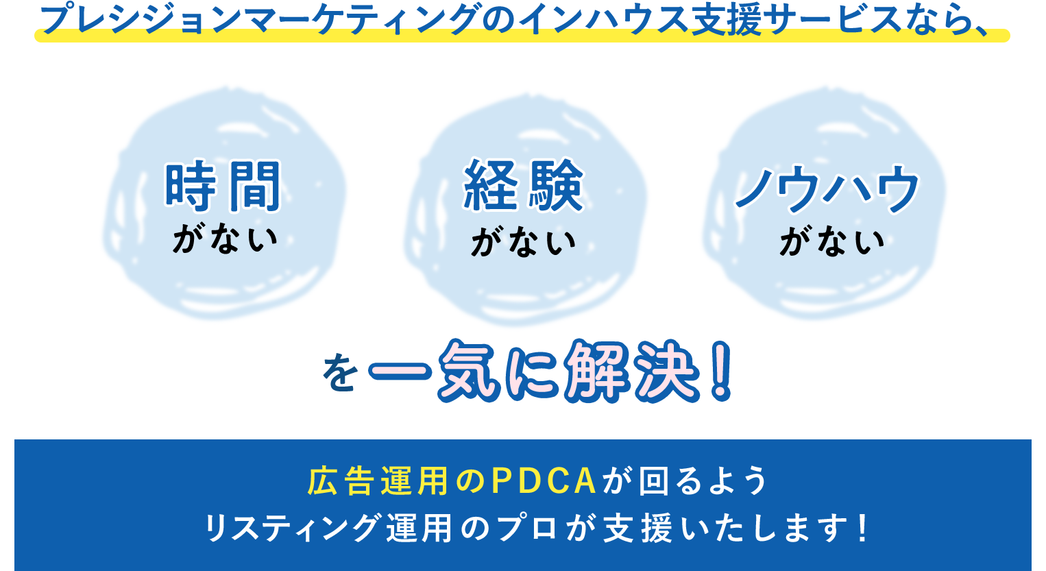 プレシジョンマーケティングのインハウス支援サービスなら「時間がない」「経験がない」「ノウハウがない」を一気に解決！広告運用のPDCAが回るようリスティング運用のプロが支援いたします！